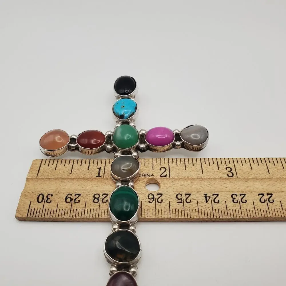 Waldeck Johnson WJ Sterling Silver Southwest Multi Gemstone Large Cross Pendant